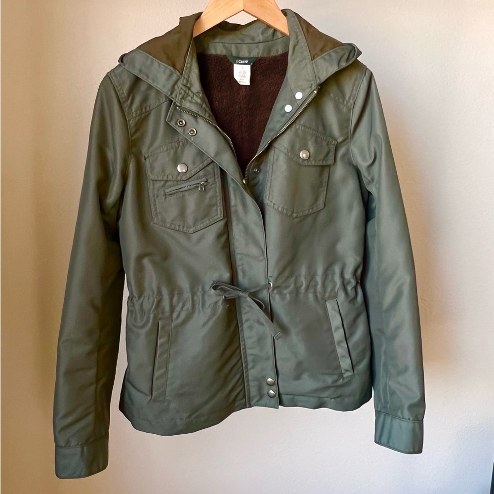 J. Crew Olive Utility Rain Jacket with Hood